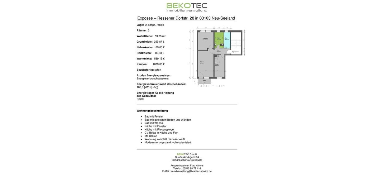 Etagenwohnung Neupetershain - 3 Zimmer, 60 m&sup2;, 360&euro; | Angebot:24846966