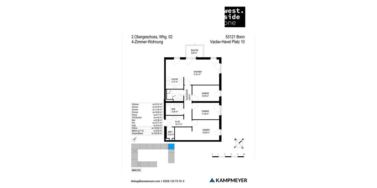 Etagenwohnung Bonn Dransdorf - 4 Zimmer, 105 m&sup2;, 1.425&euro; | Angebot:25548130