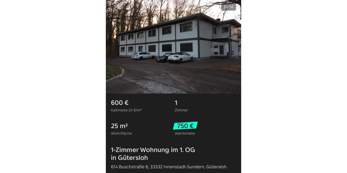 Erdgeschoßwohnung Gütersloh Kattenstroth - 1 Zimmer, 25 m&sup2;, 750&euro; | Angebot:25271174