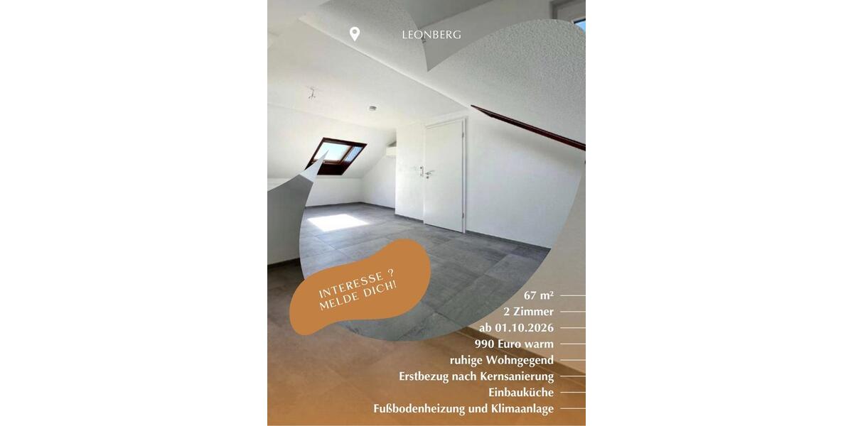 Dachgeschoßwohnung Leonberg - 2 Zimmer, 67 m&sup2;, 990&euro; | Angebot:27604913