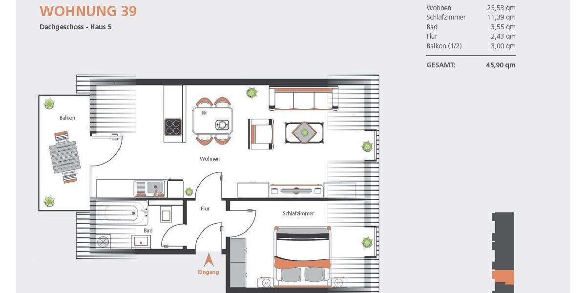Etagenwohnung Dillingen - 2 Zimmer, 46 m&sup2;, 530&euro; | Angebot:24850128