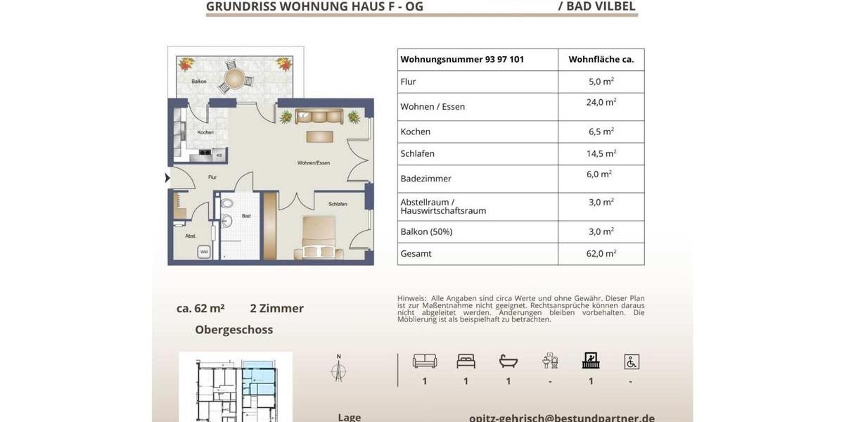 Etagenwohnung Bad Vilbel - 1 Zimmer, 39 m&sup2;, 857&euro; | Angebot:23845644