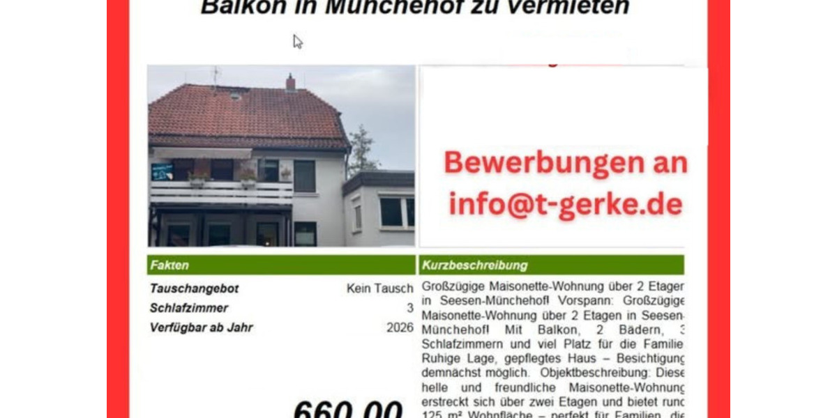 Maisonettenwohnung Seesen - 3 Zimmer, 130 m&sup2;, 660&euro; | Angebot:25972252