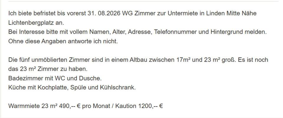 Wohnen auf Zeit Hannover Linden-Limmer - 1 Zimmer, 23 m&sup2;, 490&euro; | Angebot:24804651
