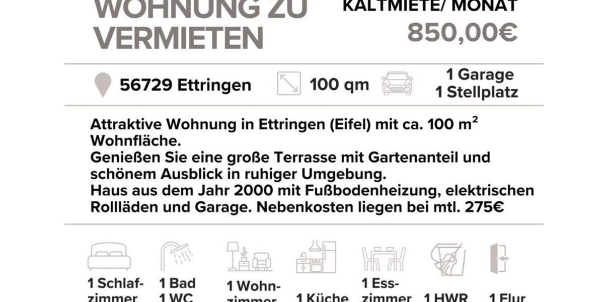 Erdgeschoßwohnung Mendig - 1 Zimmer, 100 m&sup2;, 850&euro; | Angebot:26237365