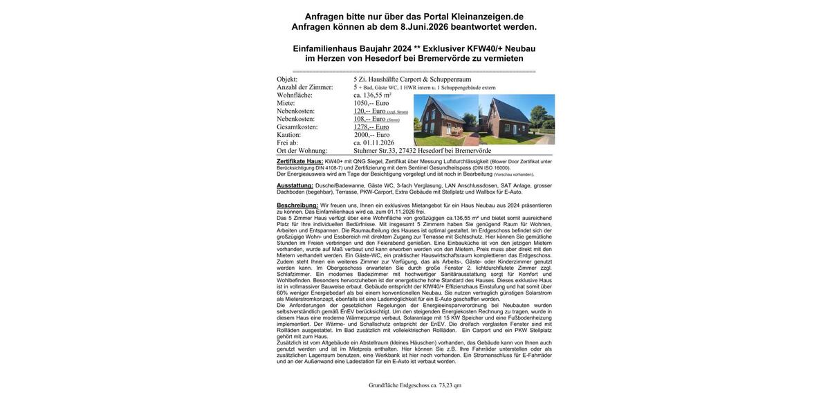 Einfamilienhaus Bremervörde - 5 Zimmer, 136 m&sup2;, 1.050&euro; | Angebot:26653264