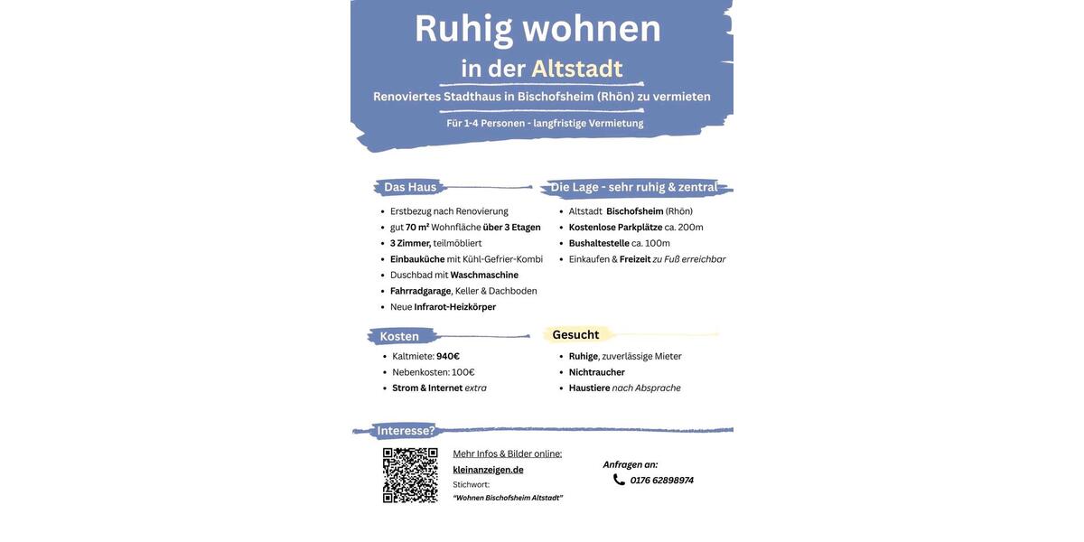 Etagenwohnung Bischofsheim in der Rhön - 3 Zimmer, 71 m&sup2;, 940&euro; | Angebot:24808310