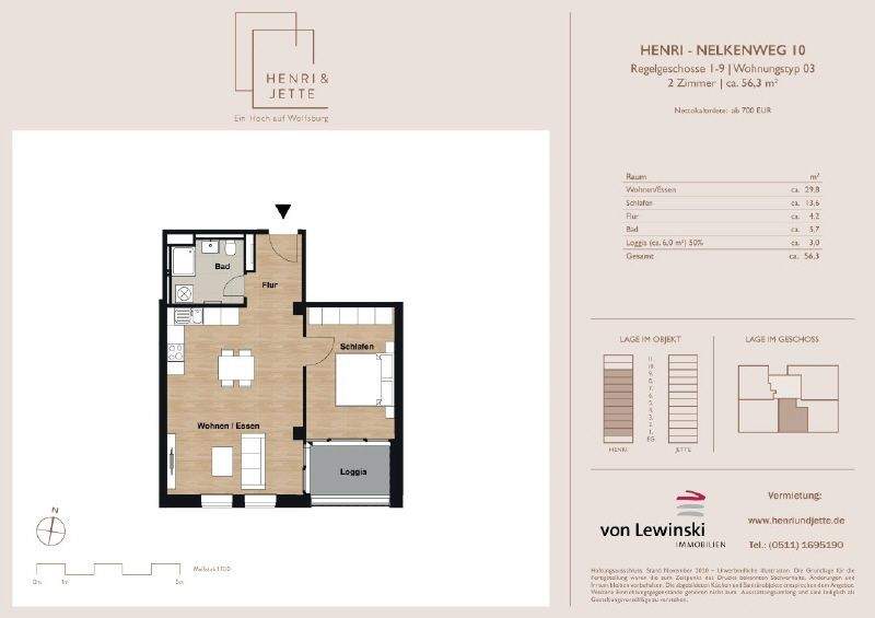 Etagenwohnung Wolfsburg Hellwinkel - 2 Zimmer, 55 m&sup2;, 789&euro; | Angebot:25796370