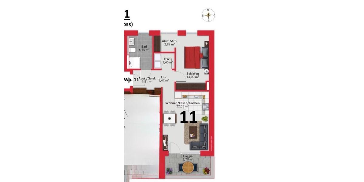 Etagenwohnung Oldenburg Alexandersfeld - 2 Zimmer, 59 m&sup2;, 980&euro; | Angebot:27620515