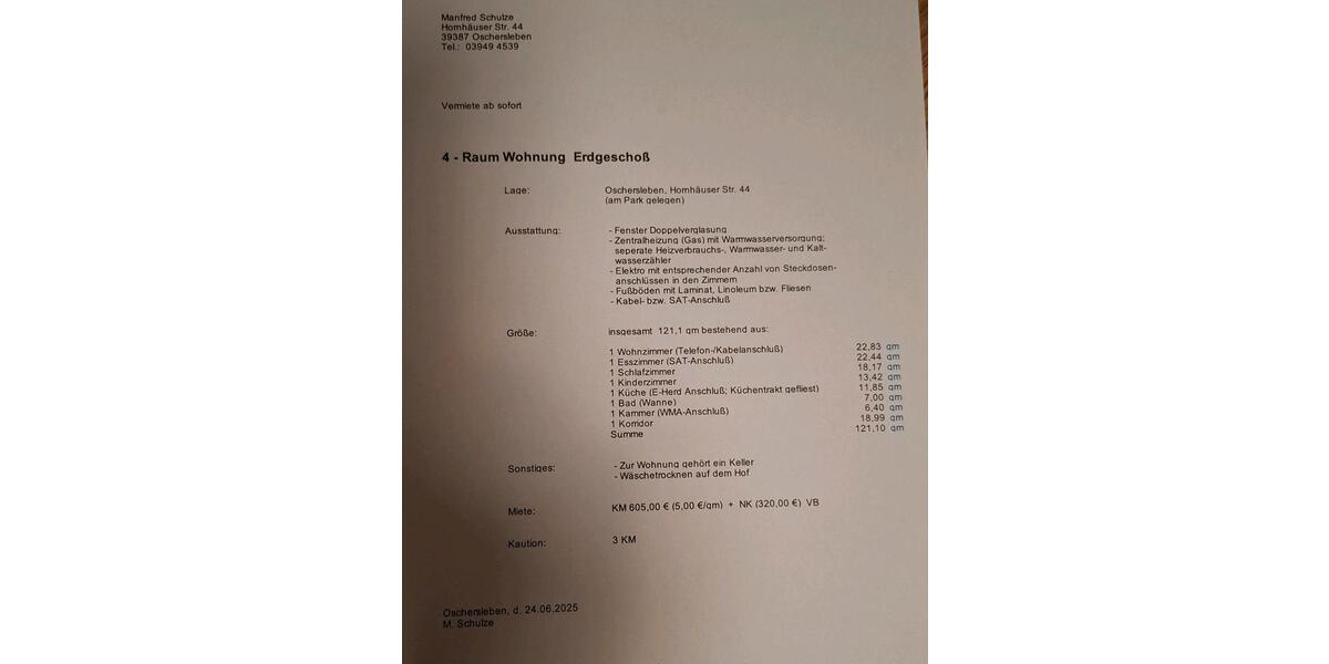 Erdgeschoßwohnung Oschersleben (Bode) - 4 Zimmer, 121 m&sup2;, 925&euro; | Angebot:25823170