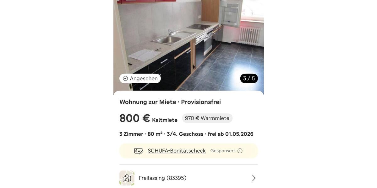 Etagenwohnung Freilassing - 2 Zimmer, 80 m&sup2;, 970&euro; | Angebot:25129162