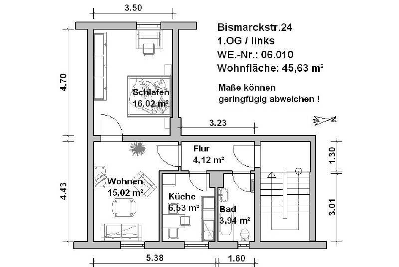 Etagenwohnung Minden Innenstadt - 2 Zimmer, 45 m&sup2;, 525&euro; | Angebot:26170415