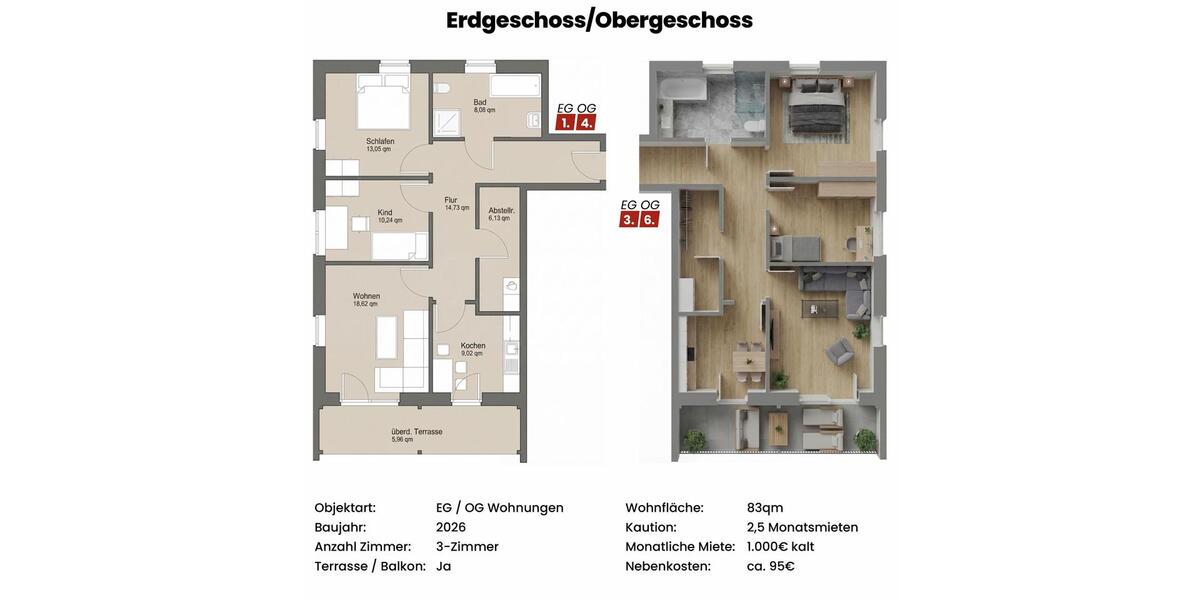 Erdgeschoßwohnung Bispingen - 3 Zimmer, 83 m&sup2;, 1.000&euro; | Angebot:25636333
