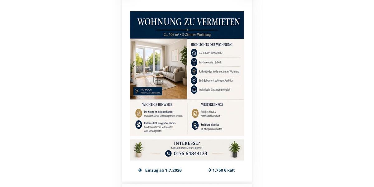 Etagenwohnung Anzing - 3 Zimmer, 106 m&sup2;, 1.750&euro; | Angebot:26521914