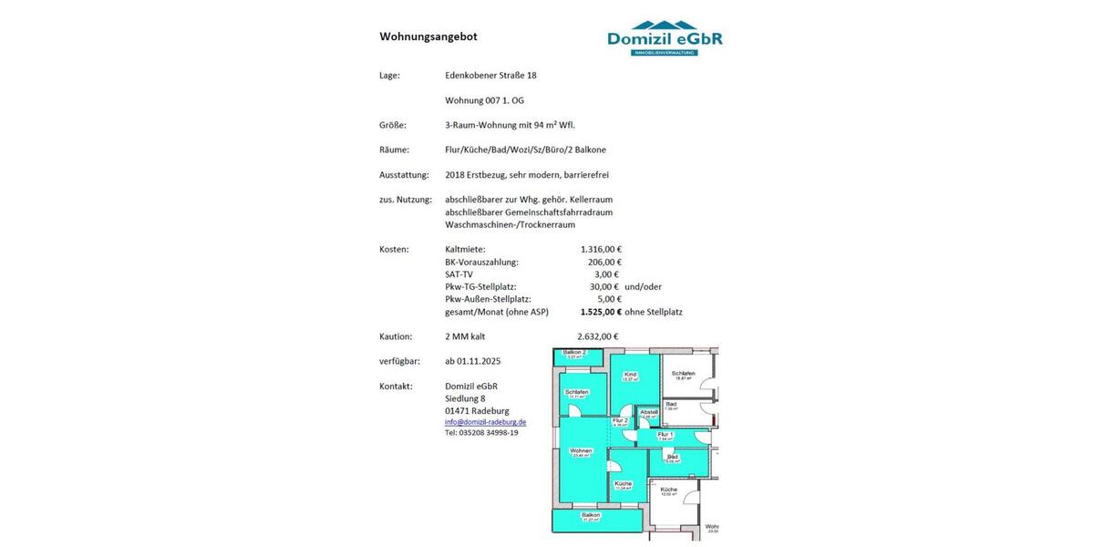 Etagenwohnung Radeburg - 3 Zimmer, 94 m&sup2;, 1.316&euro; | Angebot:23871766