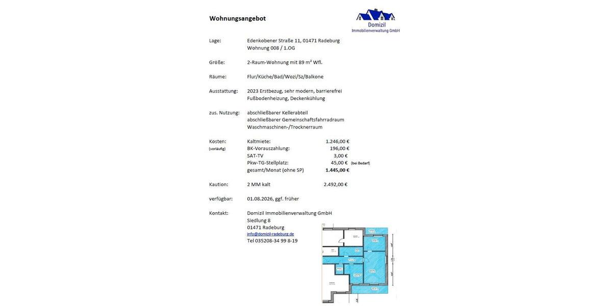 Etagenwohnung Radeburg - 2 Zimmer, 89 m&sup2;, 1.246&euro; | Angebot:26347847