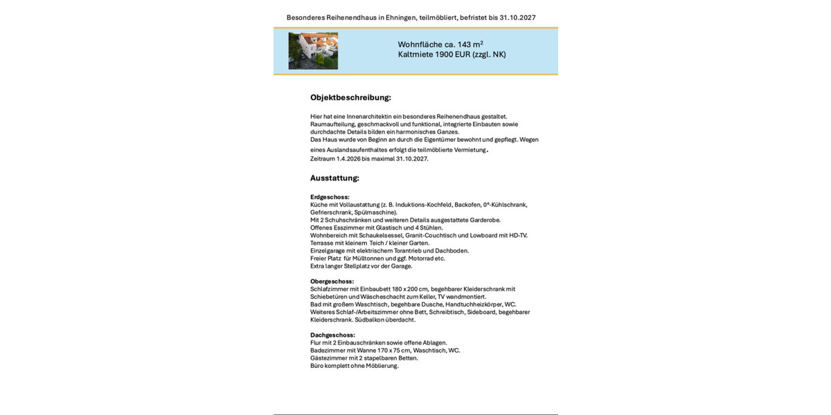 Reihenhaus Ehningen - 5 Zimmer, 143 m&sup2;, 1.900&euro; | Angebot:24645863
