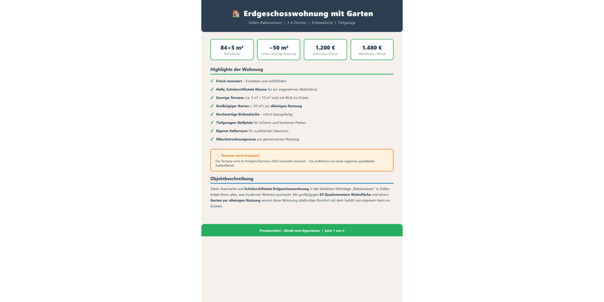 Erdgeschoßwohnung Süßen - 3.5 Zimmer, 89 m&sup2;, 1.200&euro; | Angebot:25291347