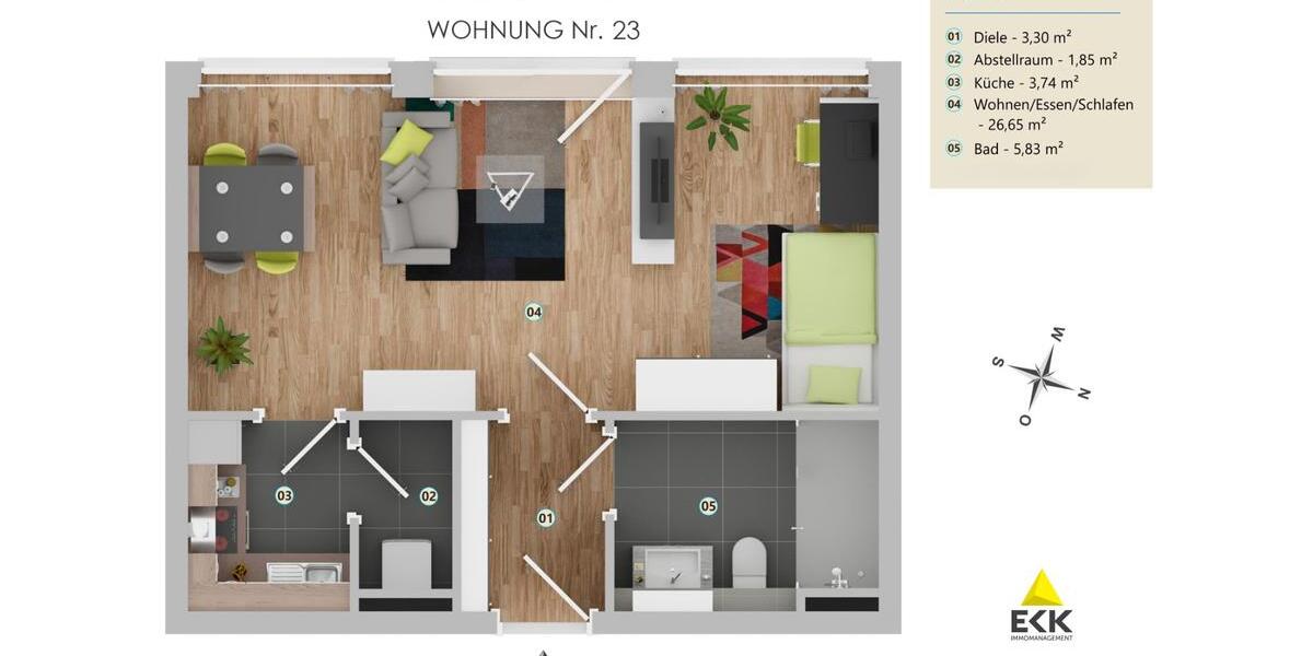 Erdgeschoßwohnung Bonn Küdinghoven - 1 Zimmer, 26 m&sup2;, 670&euro; | Angebot:23300428