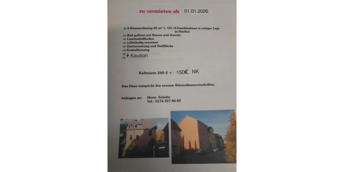 Schöne ruhige Lage im Zentrum von Hartha zu Vermieten 2 zimmer