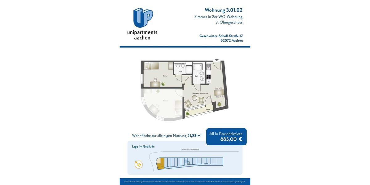 Wohnen auf Zeit Aachen Aachen-Mitte - 1 Zimmer, 34 m&sup2;, 750&euro; | Angebot:26236308