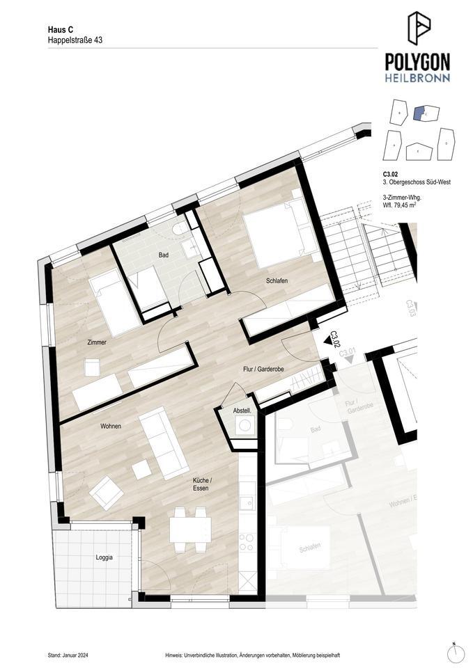 Exklusive 3-Zimmer-Wohnung mit moderner Raumaufteilung und Süd-Westloggia