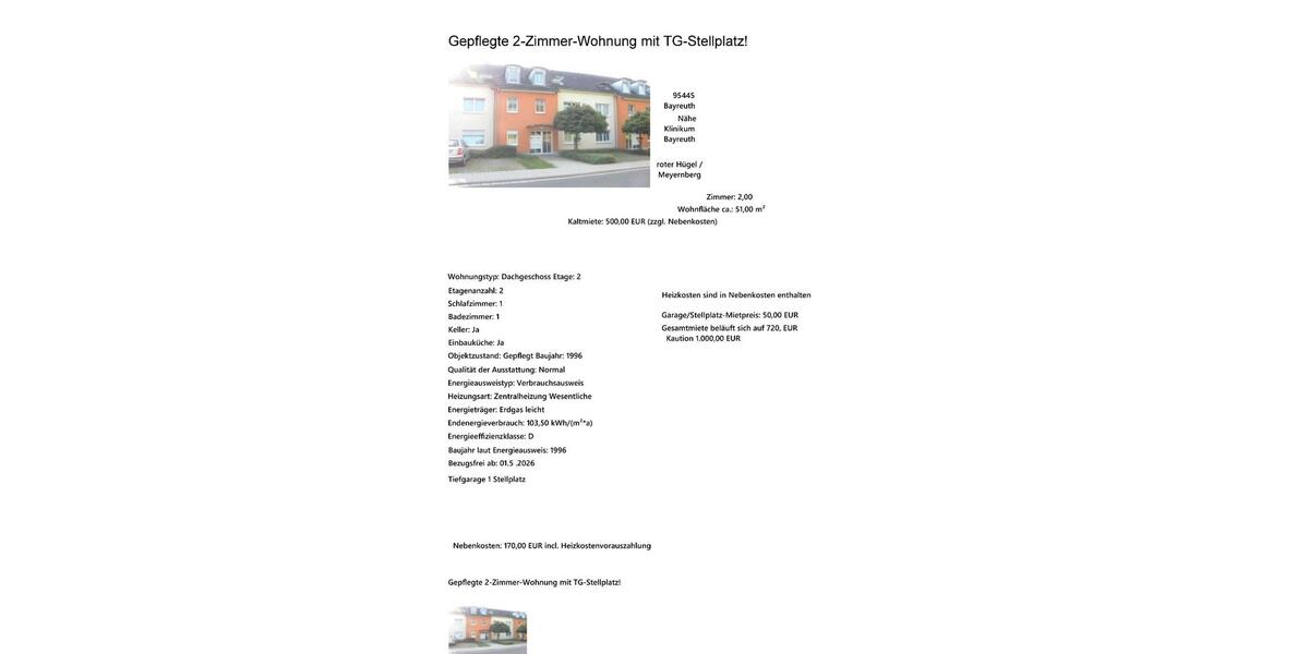 Dachgeschoßwohnung Bayreuth Meyernberg - 1 Zimmer, 51 m&sup2;, 500&euro; | Angebot:25056231
