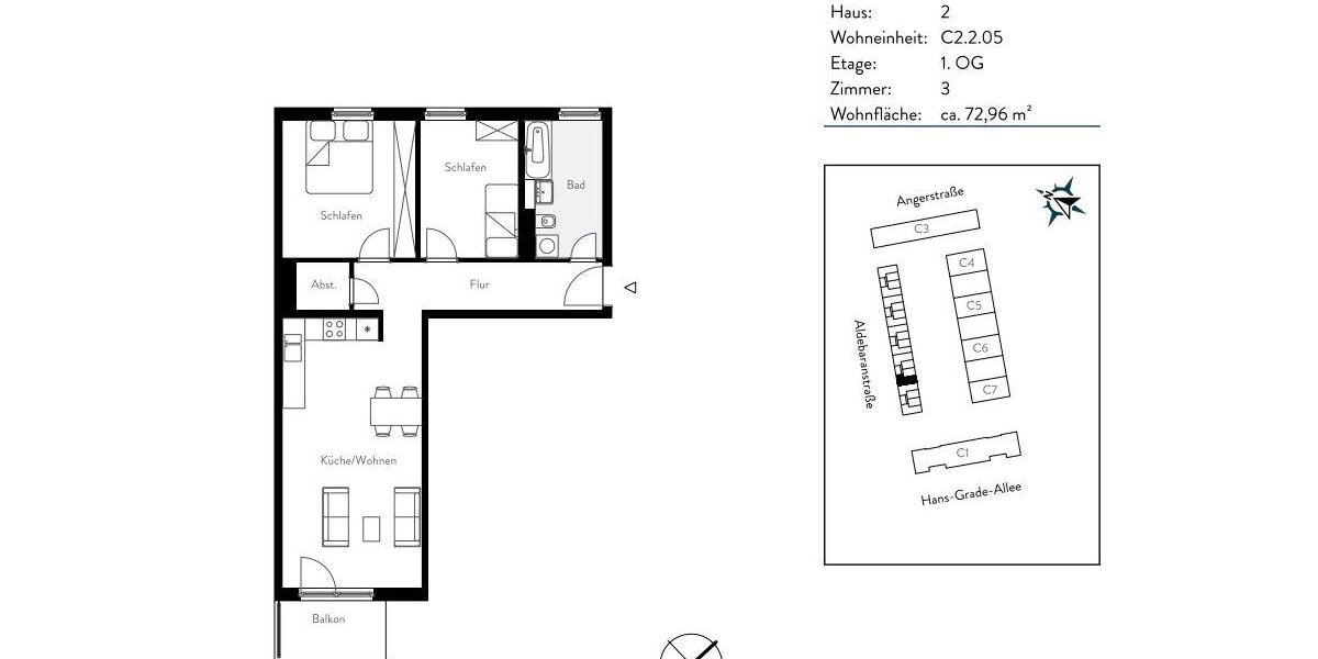 Etagenwohnung Schönefeld - 3 Zimmer, 73 m&sup2;, 975&euro; | Angebot:26479649
