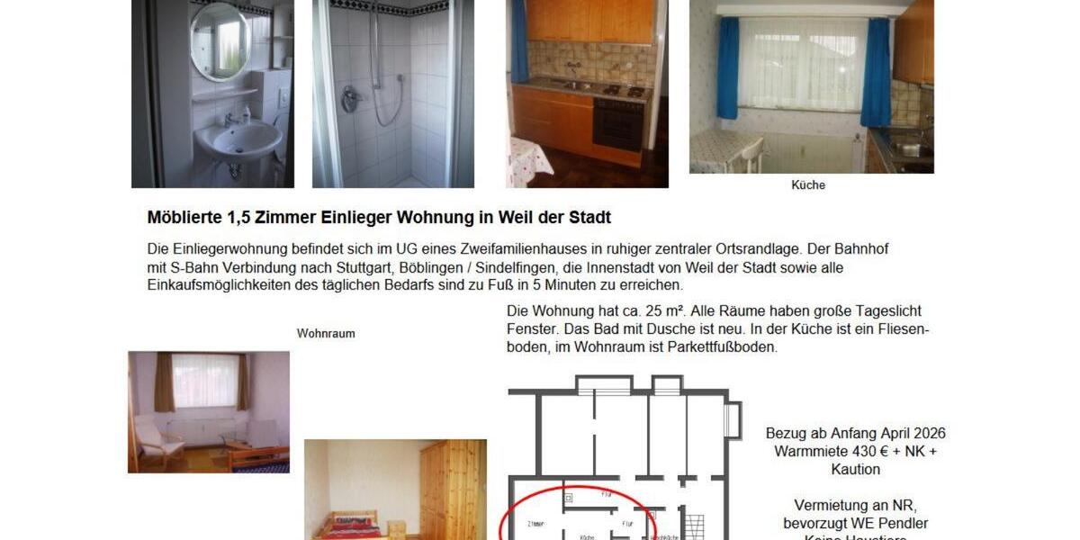 möblierte 1,5 Zi-Wohnung Weil der Stadt zu vermieten ab 42026 1.5 zimmer