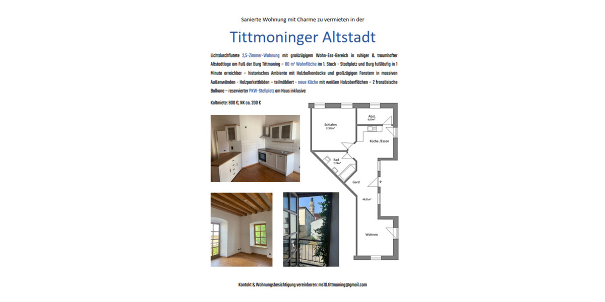 Etagenwohnung Tittmoning - 2.5 Zimmer, 80 m&sup2;, 800&euro; | Angebot:25173855