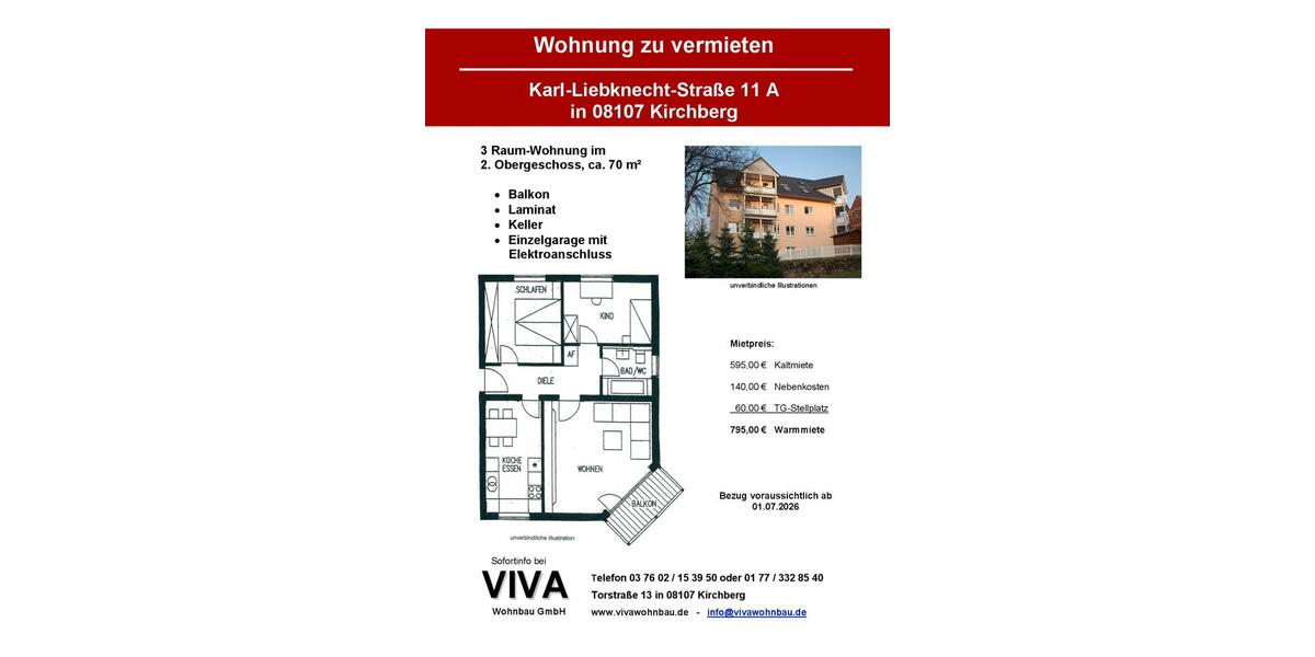 Etagenwohnung Kirchberg - 3 Zimmer, 70 m&sup2;, 595&euro; | Angebot:26676998