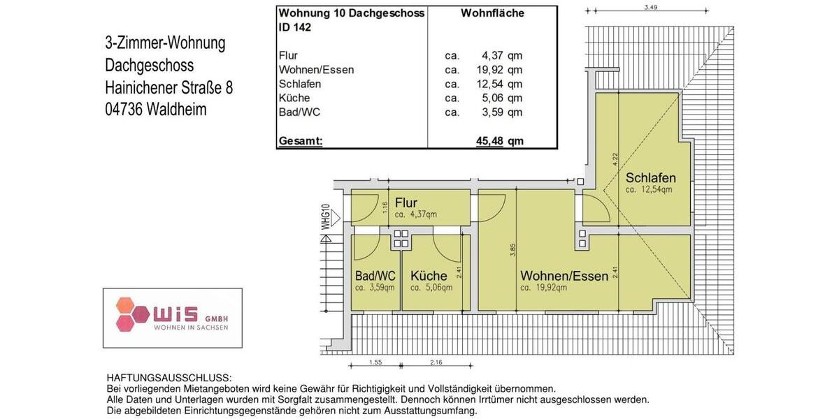 Dachgeschoßwohnung Waldheim - 2.5 Zimmer, 46 m&sup2;, 230&euro; | Angebot:25432915