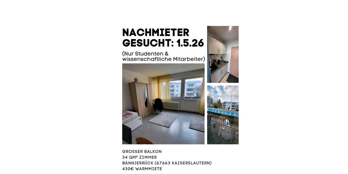 Erdgeschoßwohnung Kaiserslautern - 1 Zimmer, 34 m&sup2;, 430&euro; | Angebot:26034327
