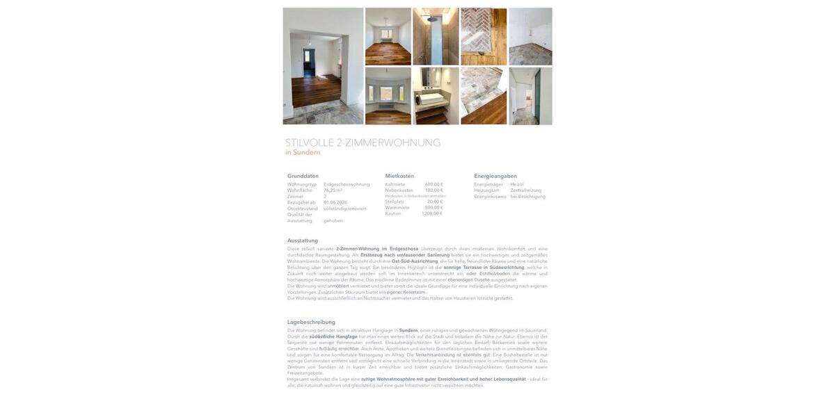Erdgeschoßwohnung Sundern (Sauerland) - 2 Zimmer, 76 m&sup2;, 800&euro; | Angebot:26689314