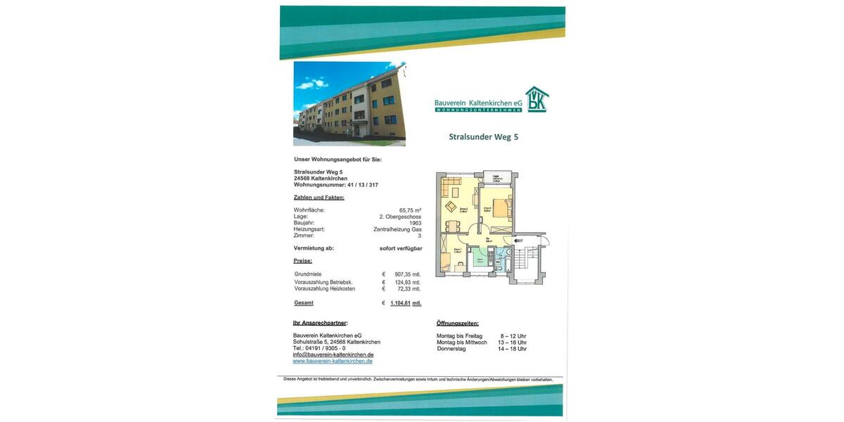Etagenwohnung Kaltenkirchen - 3 Zimmer, 66 m&sup2;, 908&euro; | Angebot:26457948