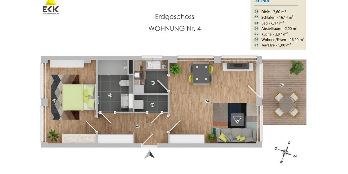Erdgeschoßwohnung Bonn Küdinghoven - 2 Zimmer, 47 m&sup2;, 995&euro; | Angebot:22735165