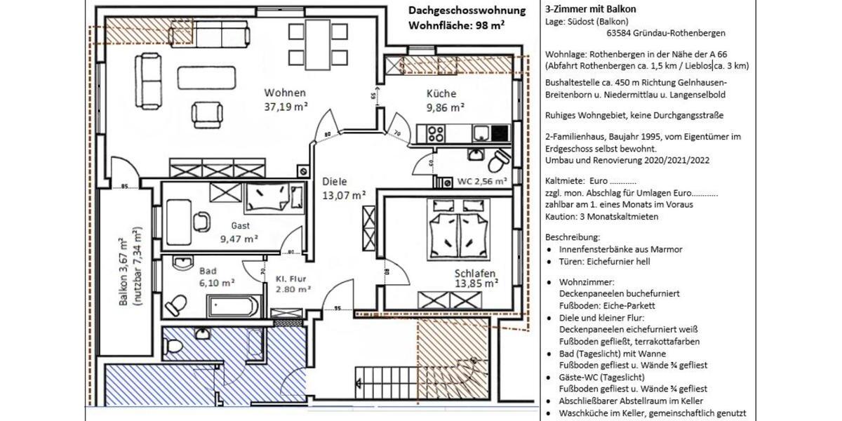 Dachgeschoßwohnung Gründau - 3 Zimmer, 98 m&sup2;, 800&euro; | Angebot:23593820