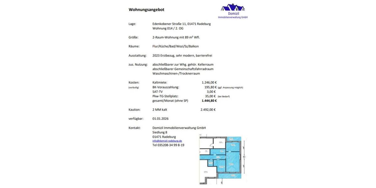 Etagenwohnung Radeburg - 2 Zimmer, 89 m&sup2;, 1.246&euro; | Angebot:23871767