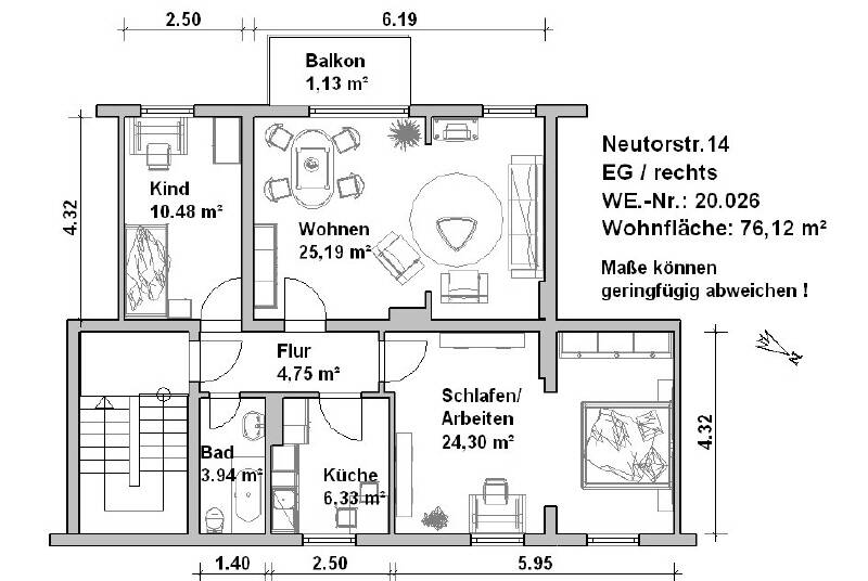 Etagenwohnung Minden Innenstadt - 2 Zimmer, 46 m&sup2;, 525&euro; | Angebot:26568574