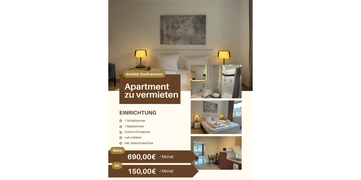 Wohnen auf Zeit Krefeld - 1 Zimmer, 29 m&sup2;, 840&euro; | Angebot:25922892