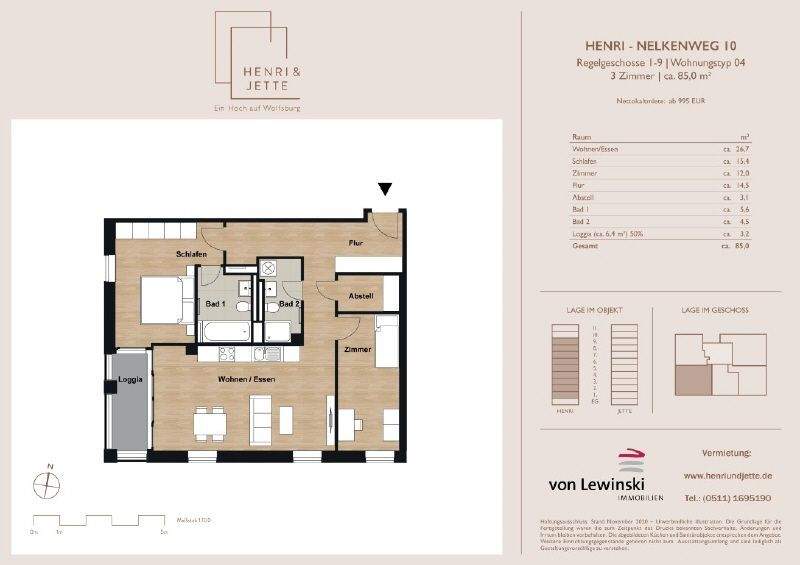 Etagenwohnung Wolfsburg Hellwinkel - 3 Zimmer, 84 m&sup2;, 967&euro; | Angebot:24872358