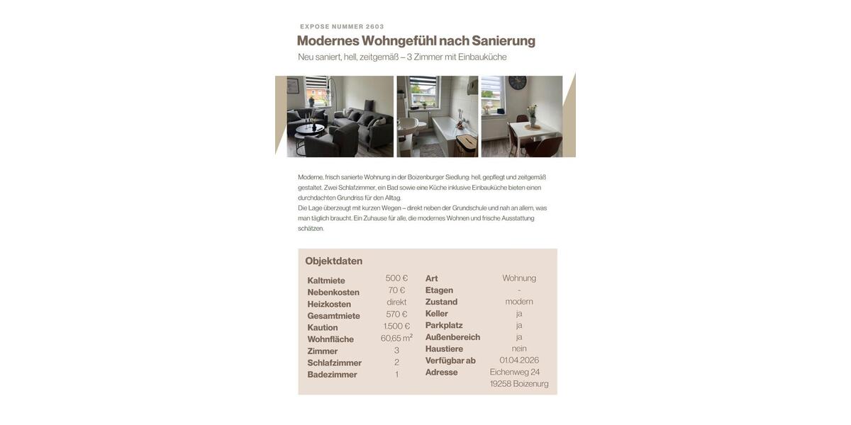 Erdgeschoßwohnung Boizenburg/Elbe Elbe - 3 Zimmer, 60 m&sup2;, 500&euro; | Angebot:25368858