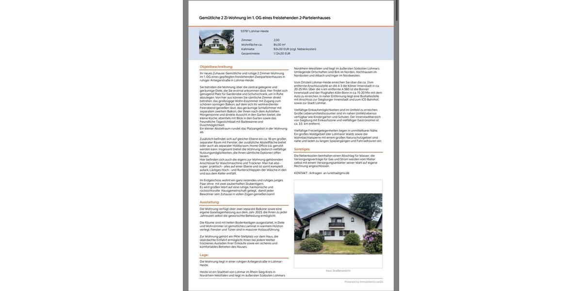 Etagenwohnung Lohmar - 2 Zimmer, 84 m&sup2;, 924&euro; | Angebot:25918398