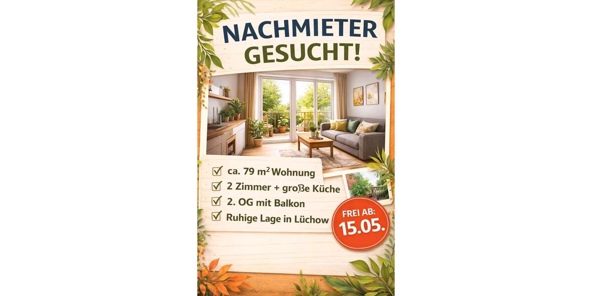 Etagenwohnung Lüchow (Wendland) - 2 Zimmer, 79 m&sup2;, 810&euro; | Angebot:25865603