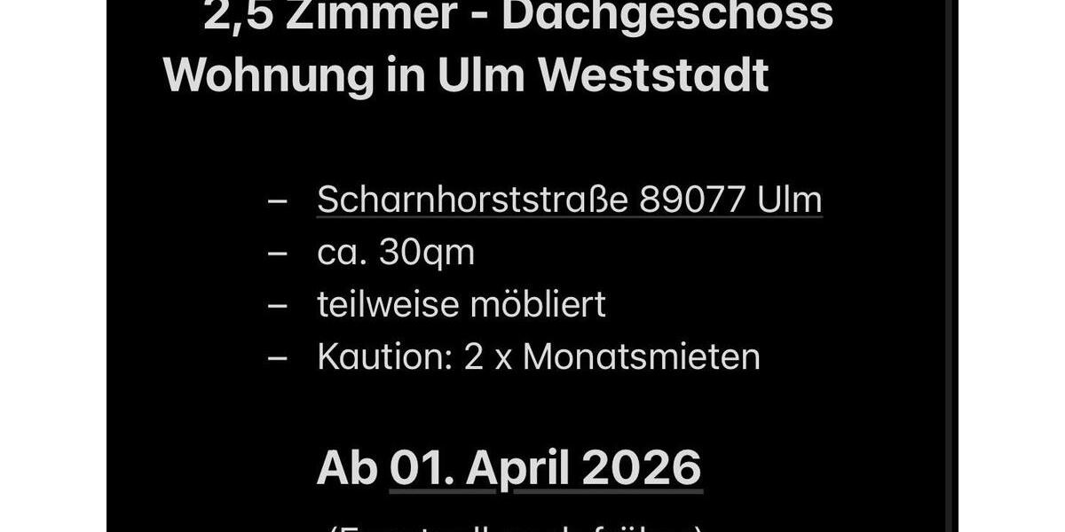 Dachgeschoßwohnung Ulm Söflingen - 2.5 Zimmer, 30 m&sup2;, 1.200&euro; | Angebot:25615148