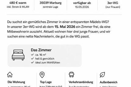 Wohnen auf Zeit Marburg Biegenviertel - 1 Zimmer, 16 m&sup2;, 480&euro; | Angebot:26084780