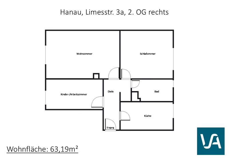 Etagenwohnung Hanau - 3 Zimmer, 63 m&sup2;, 664&euro; | Angebot:26627834