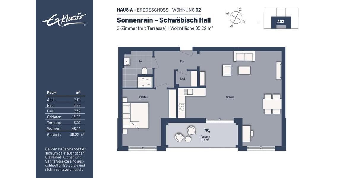 Erdgeschoßwohnung Schwäbisch Hall - 2 Zimmer, 85 m&sup2;, 1.150&euro; | Angebot:25987145