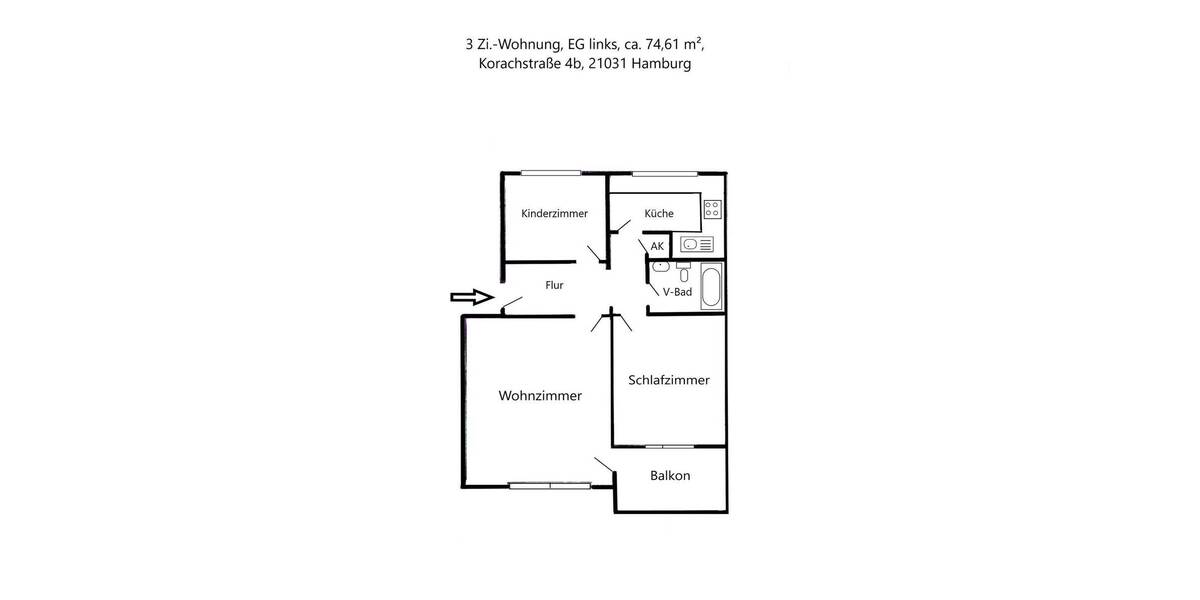 Etagenwohnung Hamburg Lohbrügge - 3 Zimmer, 74 m&sup2;, 928&euro; | Angebot:26758703