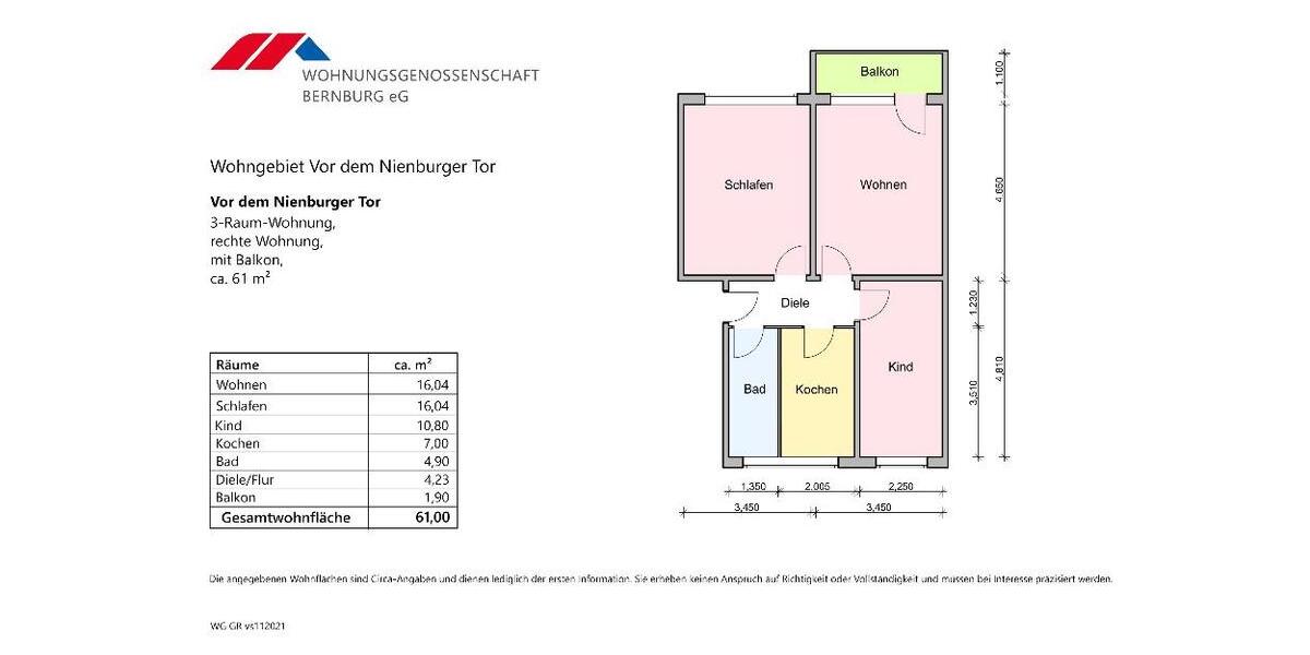 Etagenwohnung Bernburg (Saale) - 3 Zimmer, 61 m&sup2;, 379&euro; | Angebot:26544733
